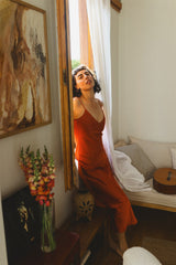 Paloma Dress - Orange Satin Bias Cut Dress