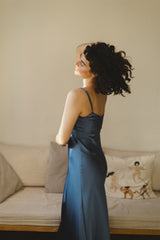 Paloma Dress - Blue Satin Bias Cut Dress