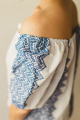 Juliette Blouse - White Cotton Blue Folk Top