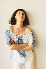 Juliette Blouse - White Cotton Blue Folk Top