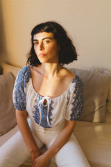 Juliette Blouse - White Cotton Blue Folk Top
