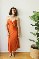 Paloma Dress - Orange Satin Bias Cut Dress
