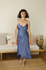 Paloma Dress - Blue Satin Bias Cut Dress