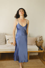 Paloma Dress - Blue Satin Bias Cut Dress