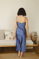Paloma Dress - Blue Satin Bias Cut Dress