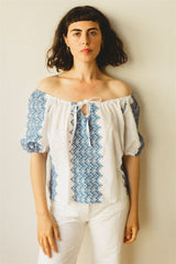 Juliette Blouse - White Cotton Blue Folk Top