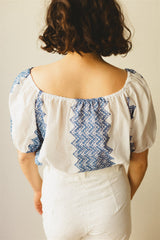 Juliette Blouse - White Cotton Blue Folk Top