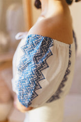 Juliette Blouse - White Cotton Blue Folk Top