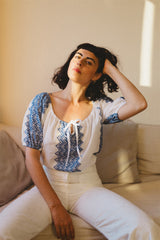 Juliette Blouse - White Cotton Blue Folk Top